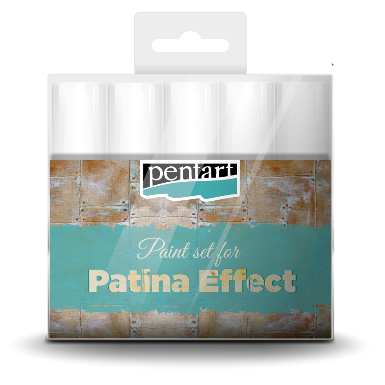 Packaging of Pentart paint set for Patina Effect with brand logo and product name.