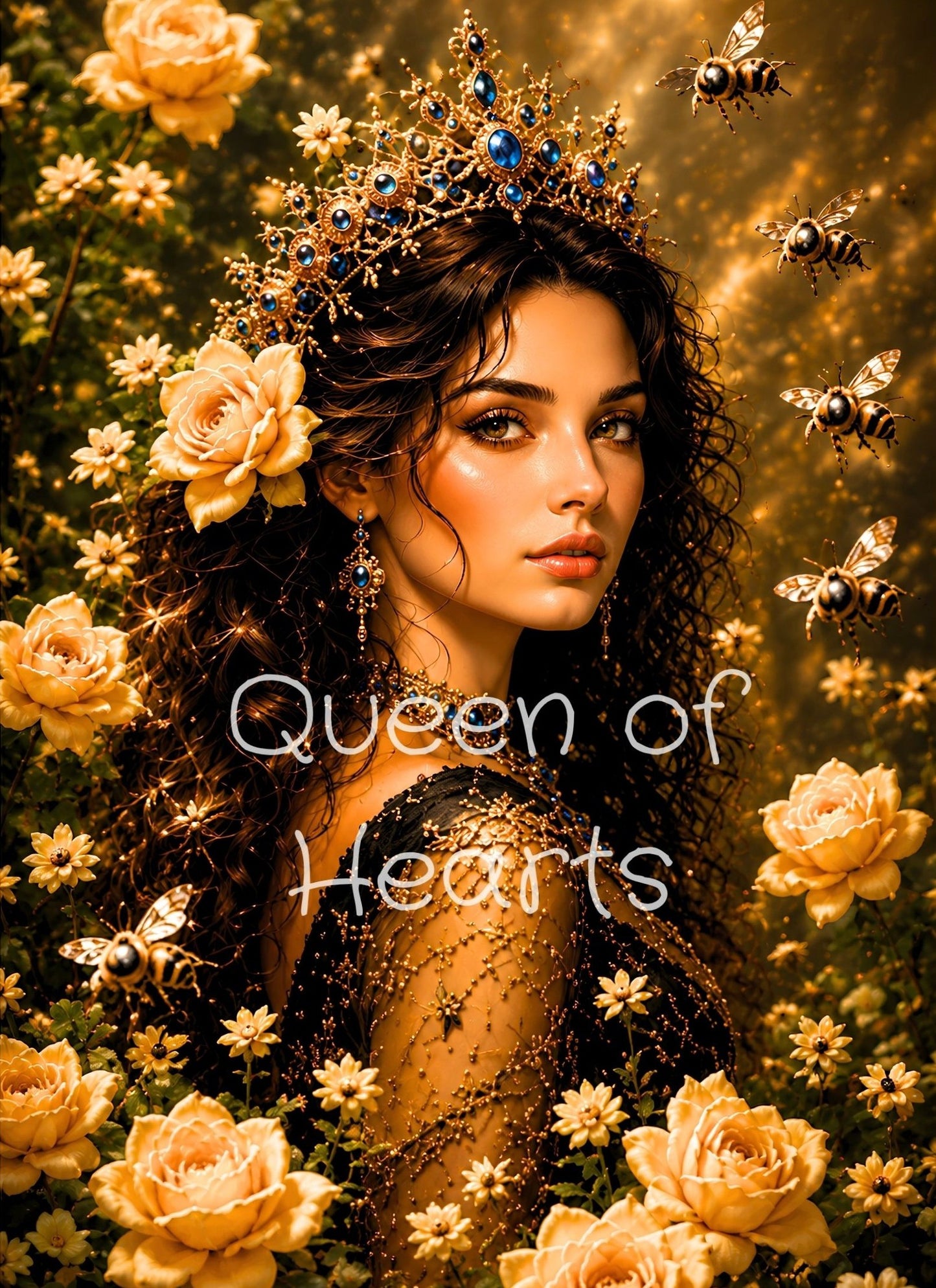 Fantasy garden queen lying among golden roses and honeybees, wearing an ornate jeweled crown and golden floral gown.
