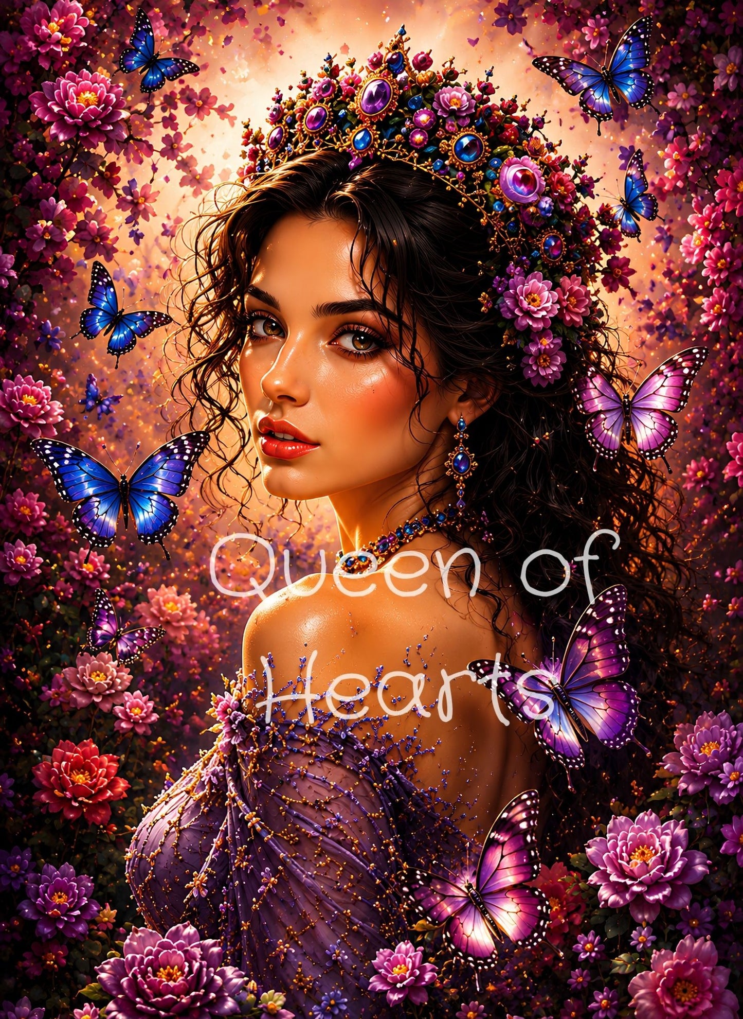 Fantasy queen surrounded by purple butterflies and flowers, wearing a jeweled floral crown and violet gown.