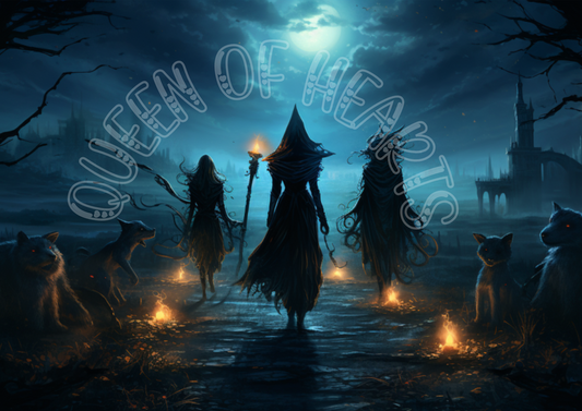 A digital artwork featuring a stylized, whimsical scene with three witches, surrounded by mystical elements and a dark, textured background.