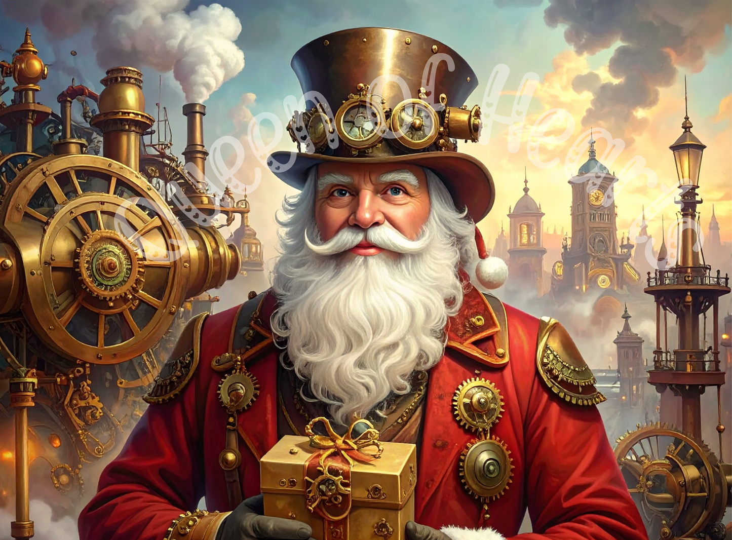 Steampunk-themed Santa Claus with mechanical elements against a fantasy cityscape.
