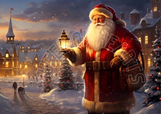 Digital artwork of Santa Claus in a city at night with a Christmas theme.