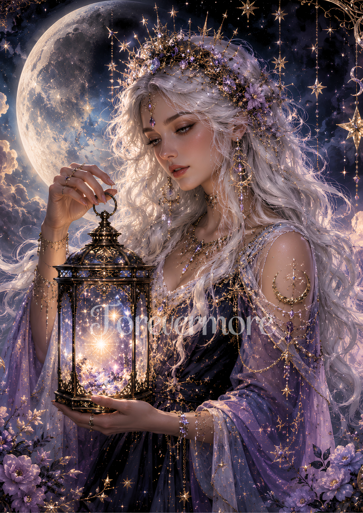 Ethereal celestial woman with flowing platinum hair and a star crown holding starlight beneath a glowing moon in a magical fantasy nightscape.