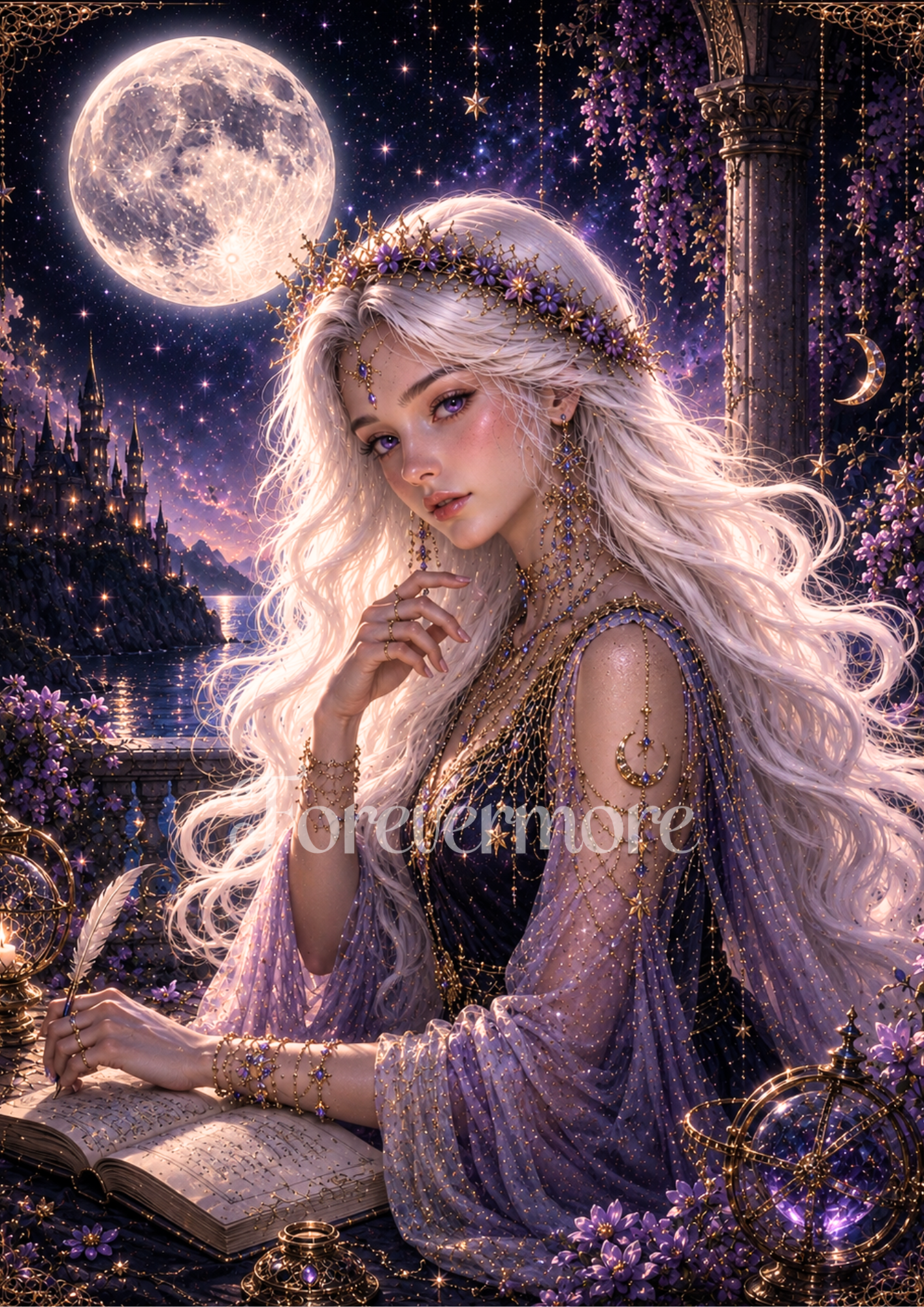 Moonlit fantasy woman writing in a celestial journal with flowing white hair, star crown, and glowing moon above a magical night landscape.