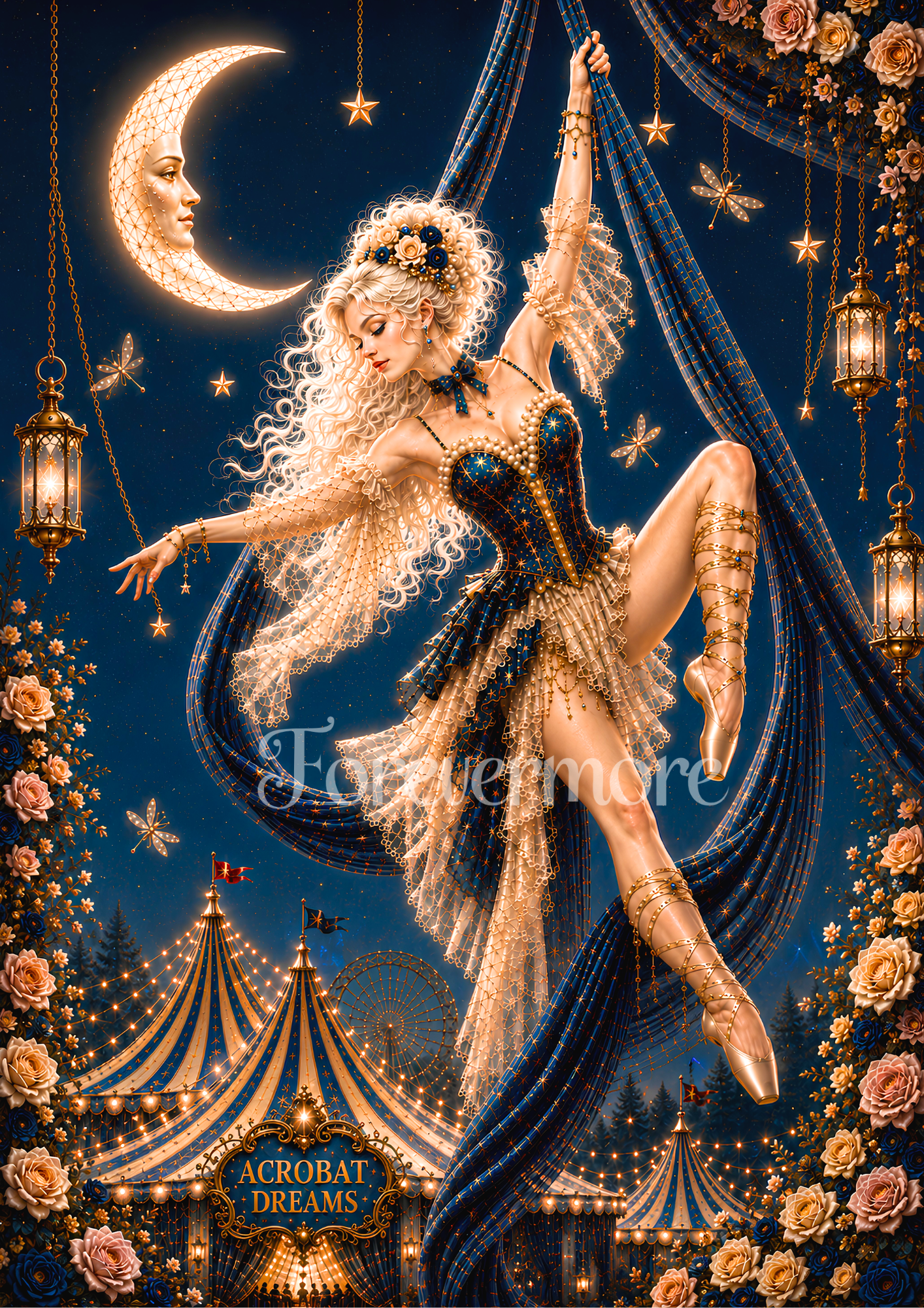 Elegant fantasy circus dancer twirling beneath a glowing moon with flowing hair, celestial details, and magical carnival atmosphere.
