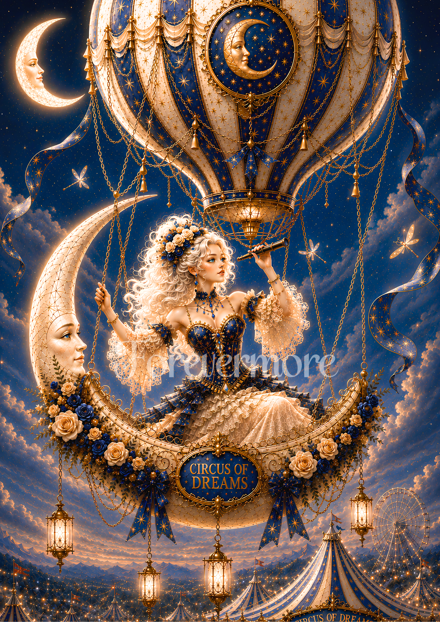 Enchanted circus ship sailing through moonlit skies with celestial details, glowing clouds, stars, and fantasy storybook atmosphere.