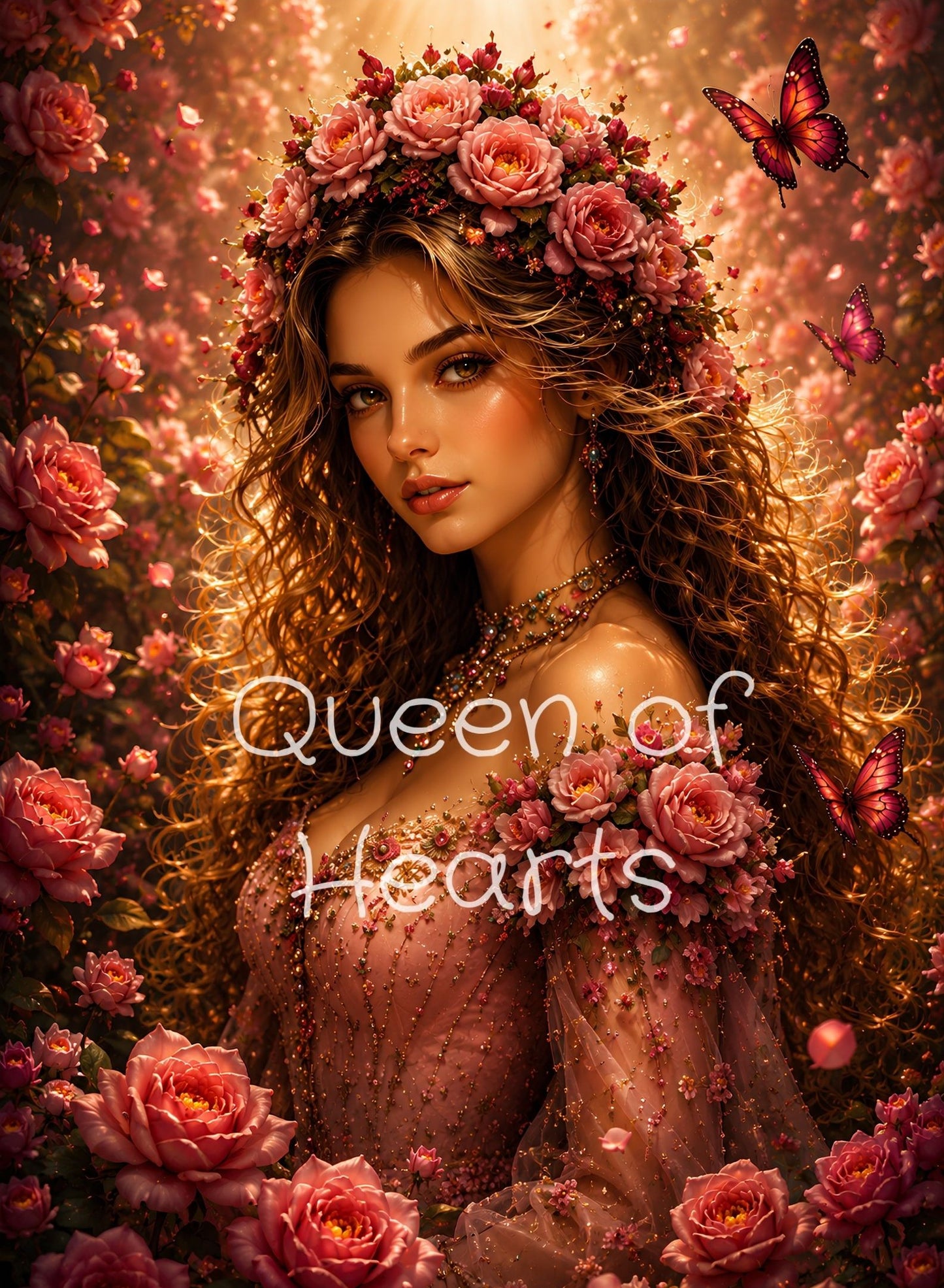 Romantic fantasy woman wearing a rose crown and pink gown, surrounded by blooming roses and butterflies.
