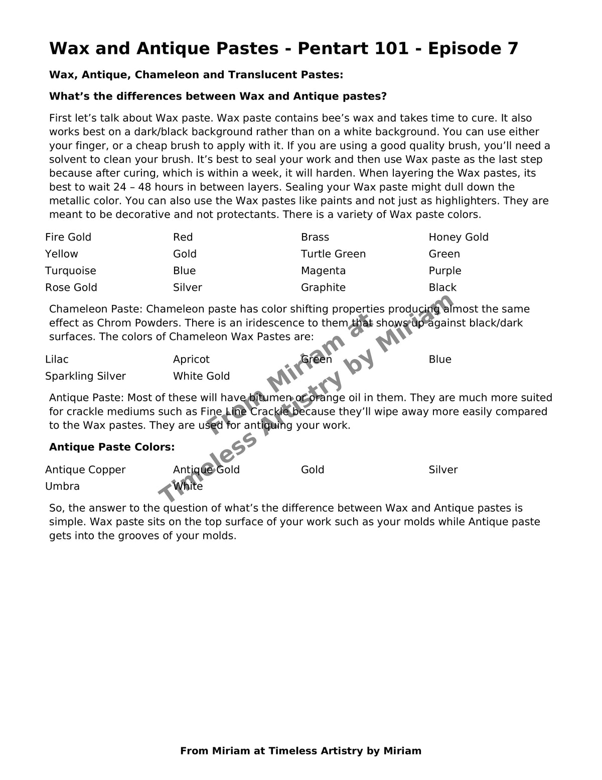 A text-based informational graphic titled 'Wax and Antique Pastes - Pentant 101 - Episode 7' comparing wax and antique paste colors, with a table of wax and antique paste color combinations and a note about antique paste colors. No physical product is shown.
