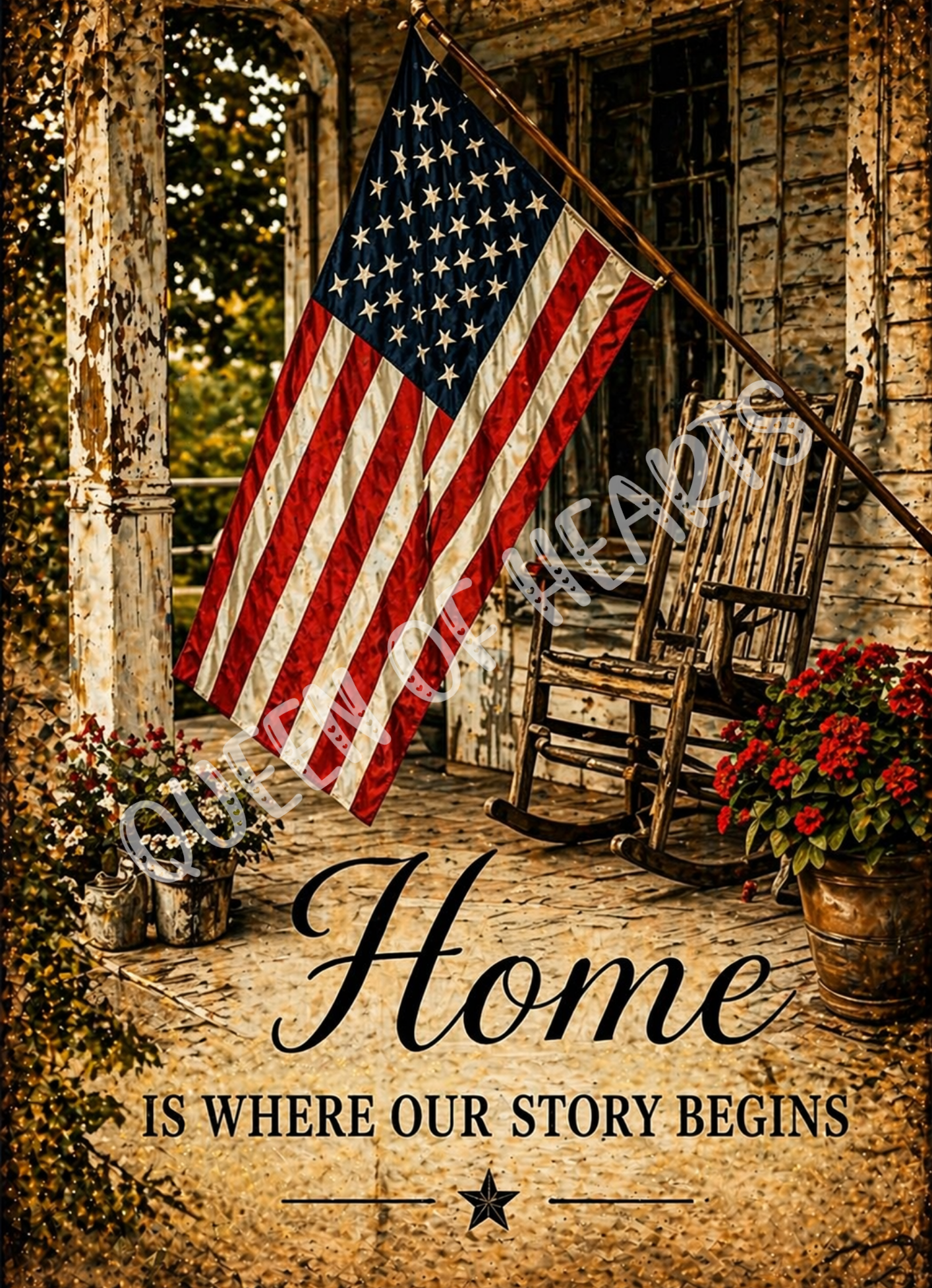 American flag on a porch with 'Home is Where Our Story Begins' text