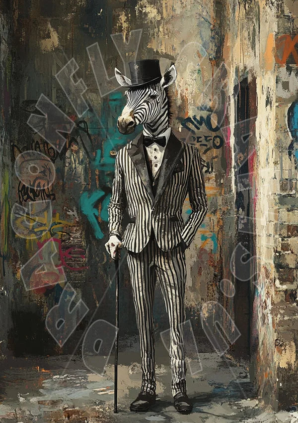 Zebra in a suit and top hat standing in an urban alleyway with graffiti.