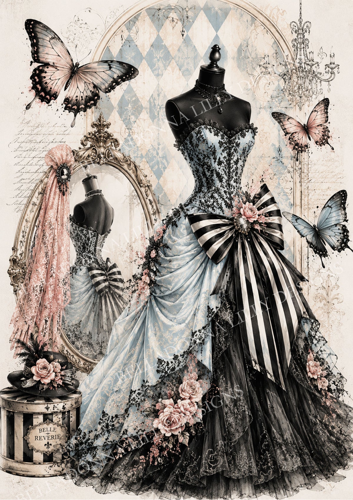 Belle Rêverie blue and black vintage couture gown with striped bows, blush roses, butterflies and ornate Parisian dressing mirror.