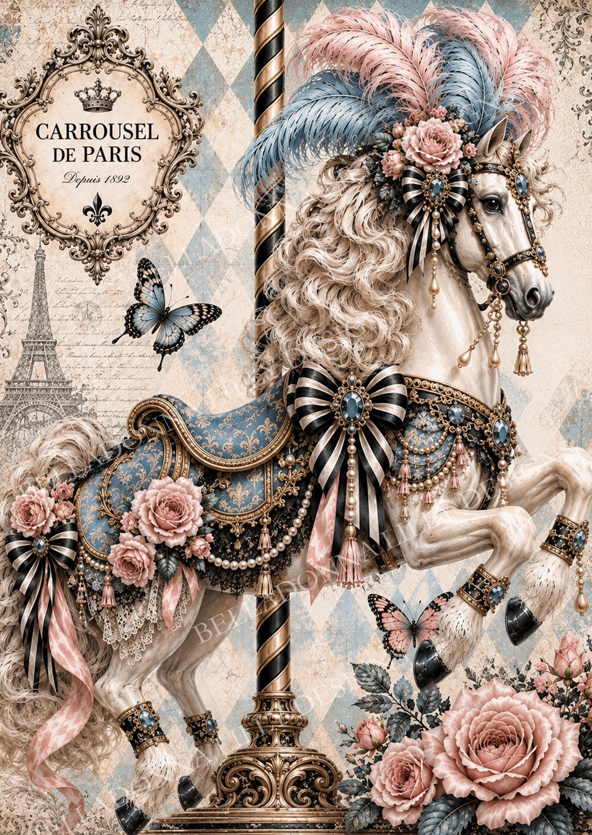 Carrousel de Paris white carousel horse decorated with blue brocade, pink and blue feathers, striped bows, pearls and blush roses.