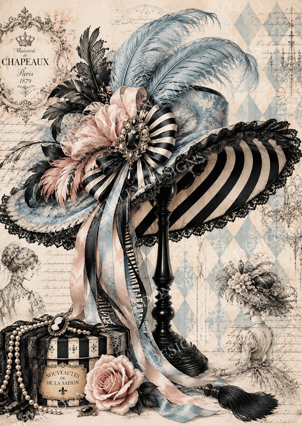 Chapeau de Rêve vintage Parisian hat with blue and black feathers, blush ribbons, striped bow, jeweled brooch, pearls and roses.