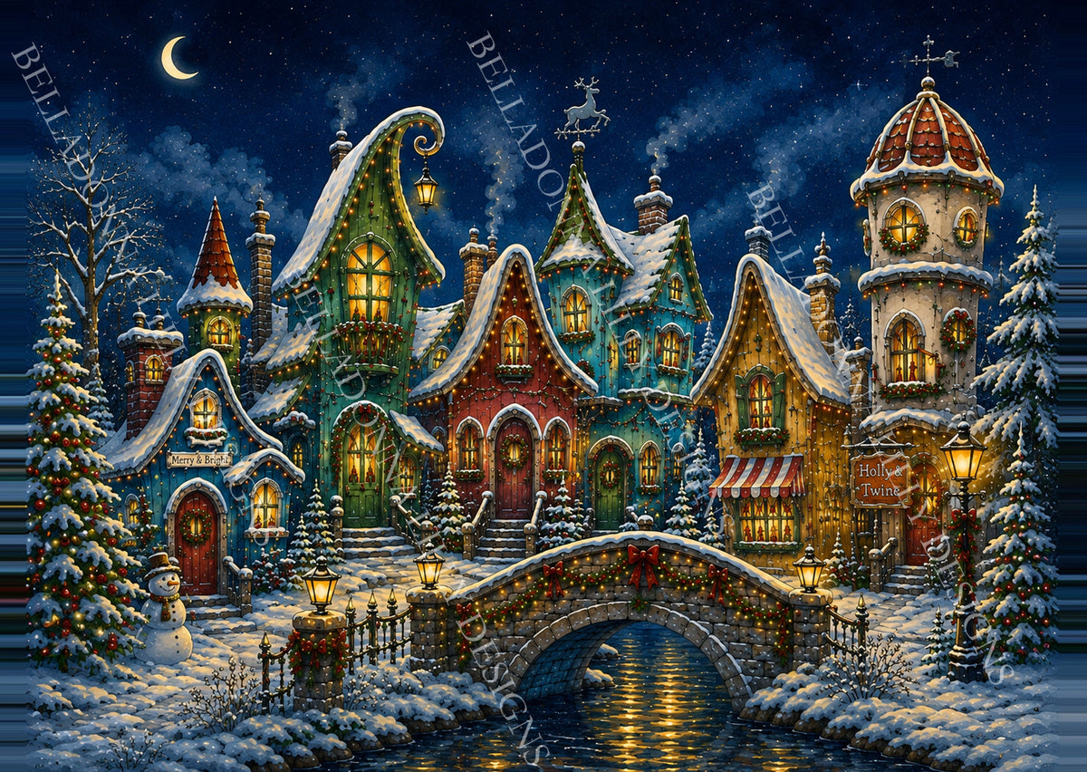 Colorful Christmas Village decoupage rice paper featuring whimsical snow-covered buildings, decorated trees, glowing streetlamps and a midnight-blue sky.