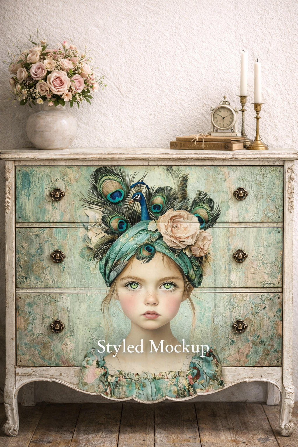 Printed rice paper for decoupage featuring a vintage girl with peacock feathers and floral headpiece