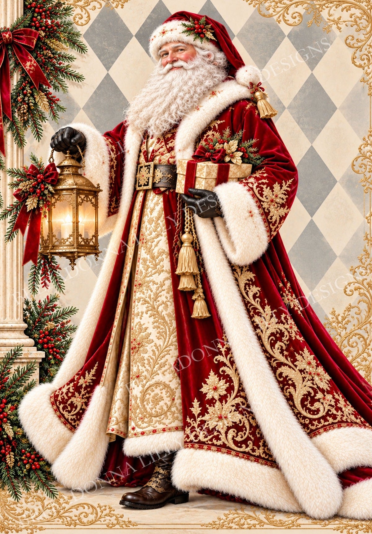 Santa in a crimson and gold fur-trimmed robe holding a lantern and gift on harlequin Christmas decoupage rice paper by Belladonna Lilly Designs