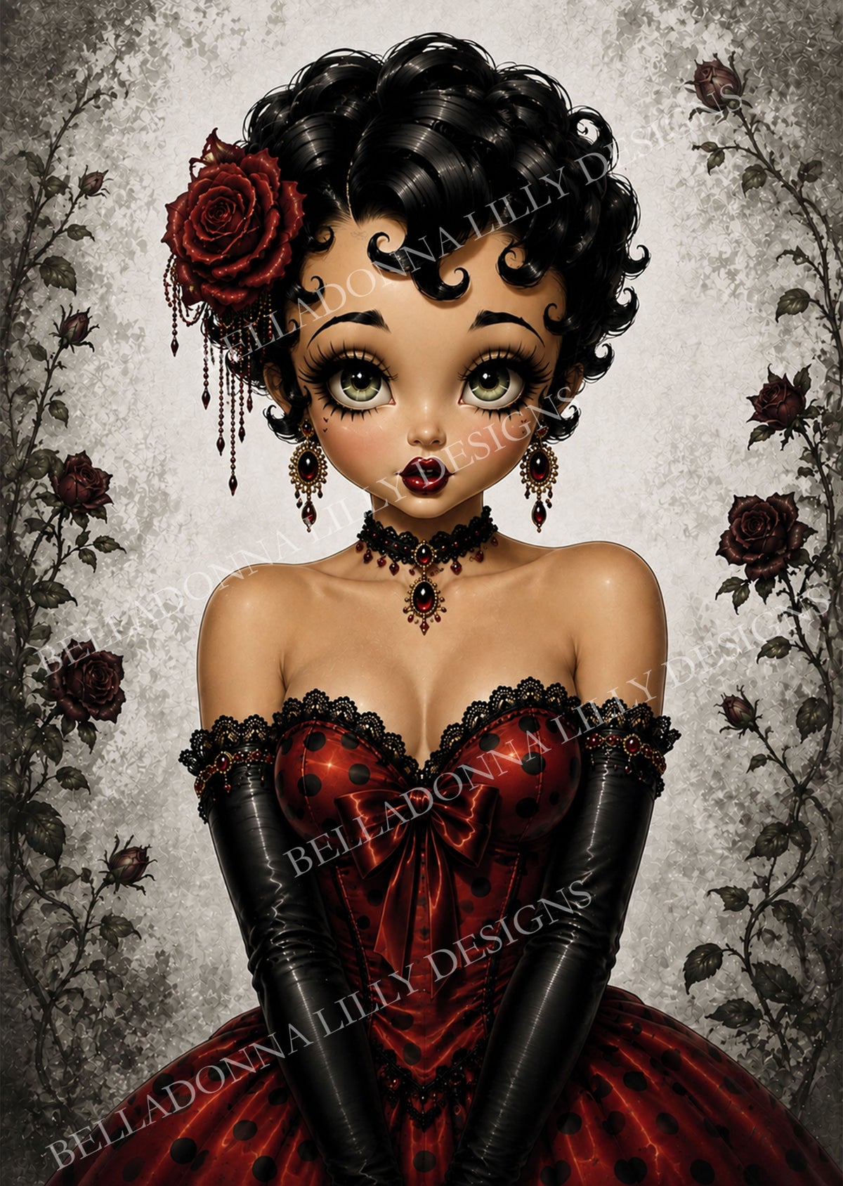 Gothic Betty II front-facing woman in a red-and-black polka-dot corset surrounded by crimson roses on decoupage rice paper