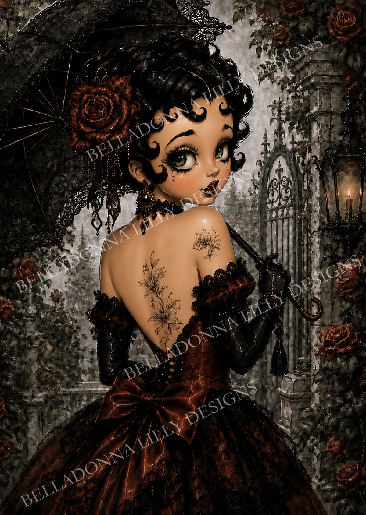 Gothic Betty III woman holding a black lace umbrella in a romantic rose garden on decoupage rice paper