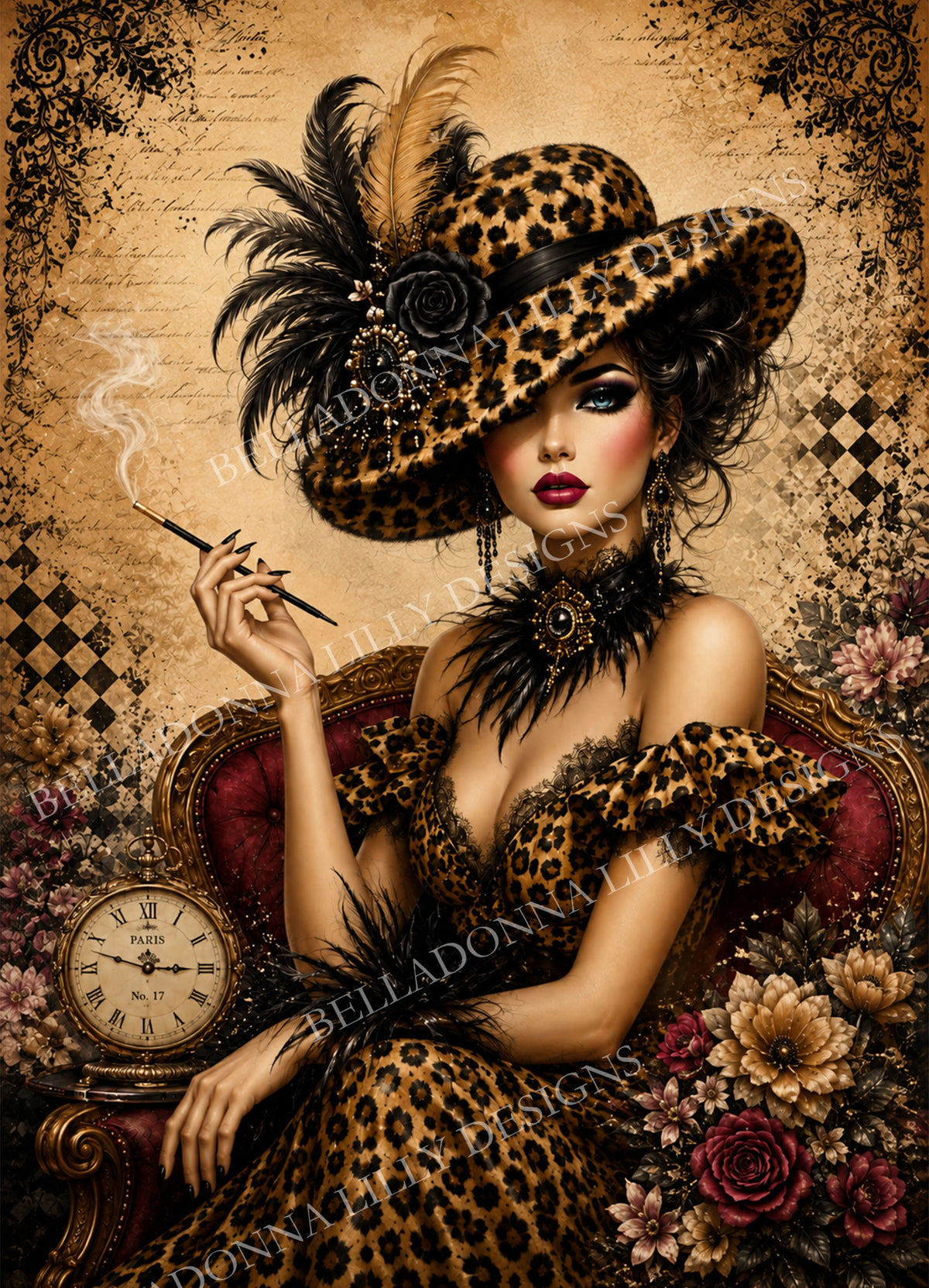 Leopard Lady decoupage rice paper featuring a glamorous woman in a leopard-print dress and feathered hat surrounded by vintage flowers and Parisian details.