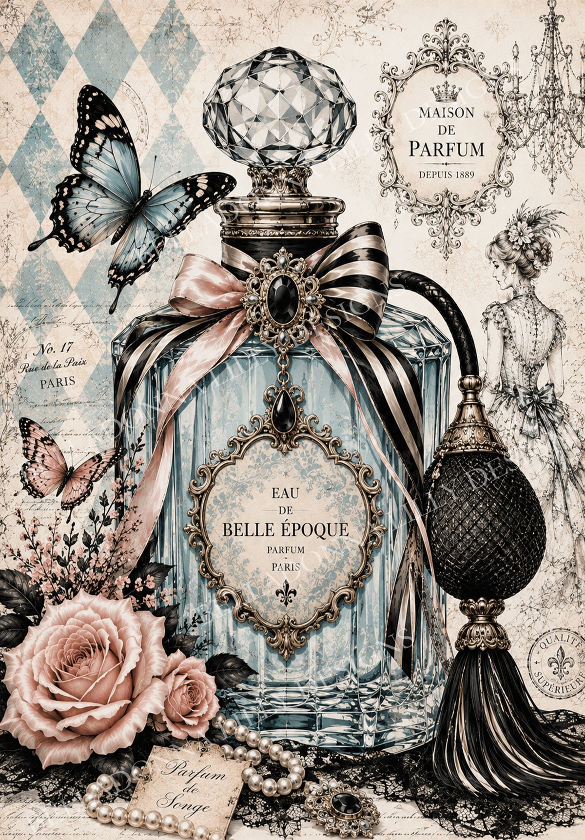 Maison de Parfum Belle Époque decoupage rice paper featuring an ornate powder blue Victorian perfume bottle, butterflies, blush roses, pearls and Parisian details.