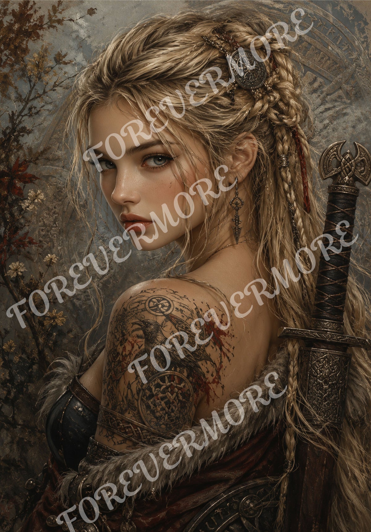 Raven Shield Warrior with braided blonde hair, Nordic tattoos and ornate sword – Forevermore decoupage rice paper by VFlex