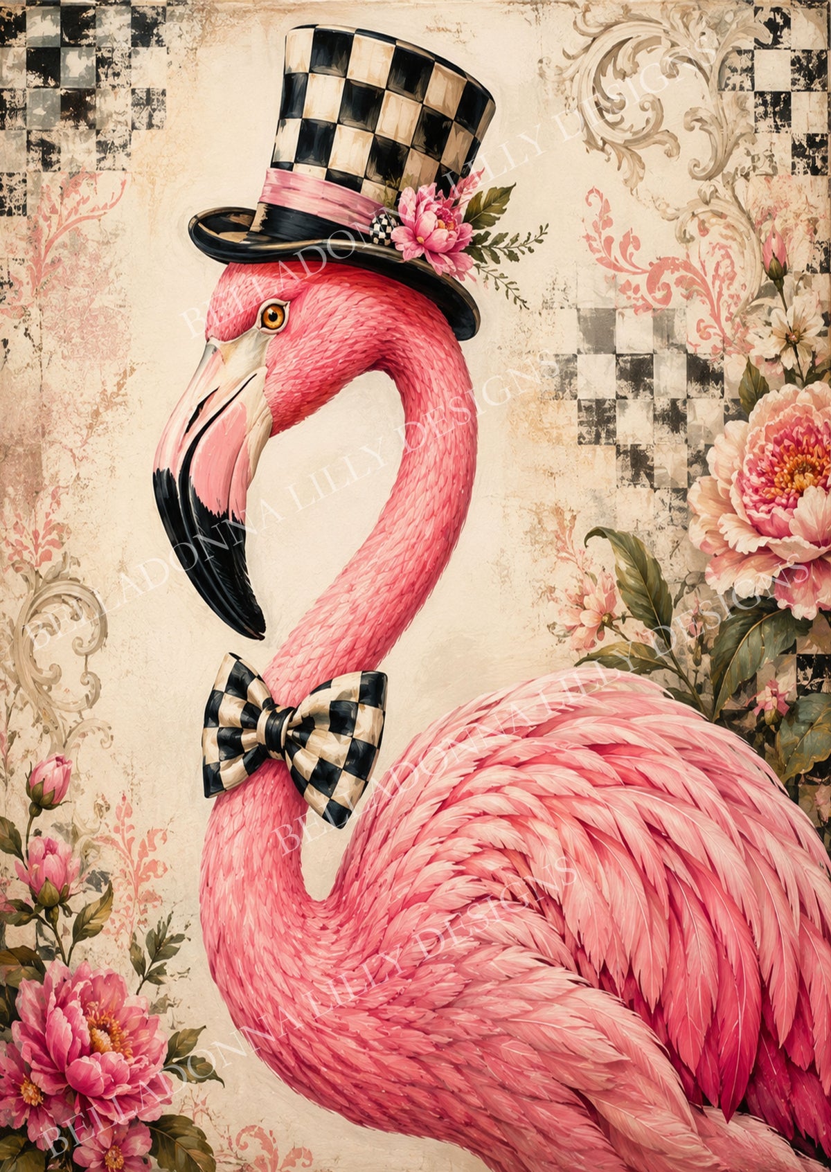 The Flamingo decoupage rice paper featuring a pink flamingo wearing a black-and-cream harlequin top hat and bow tie surrounded by romantic peonies.
