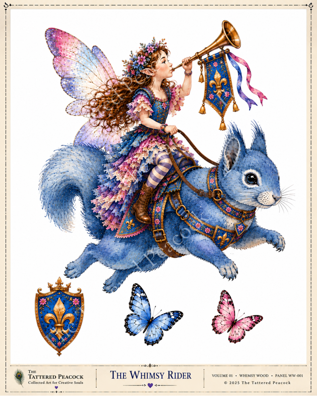 The Whimsy Rider cotton fabric panel featuring a winged fairy blowing a trumpet while riding a large blue squirrel.