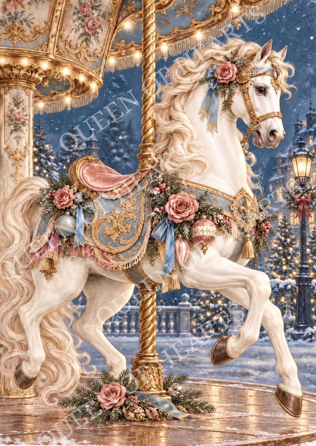 White Christmas carousel horse decorated with French blue dusty rose roses ribbons and antique gold.