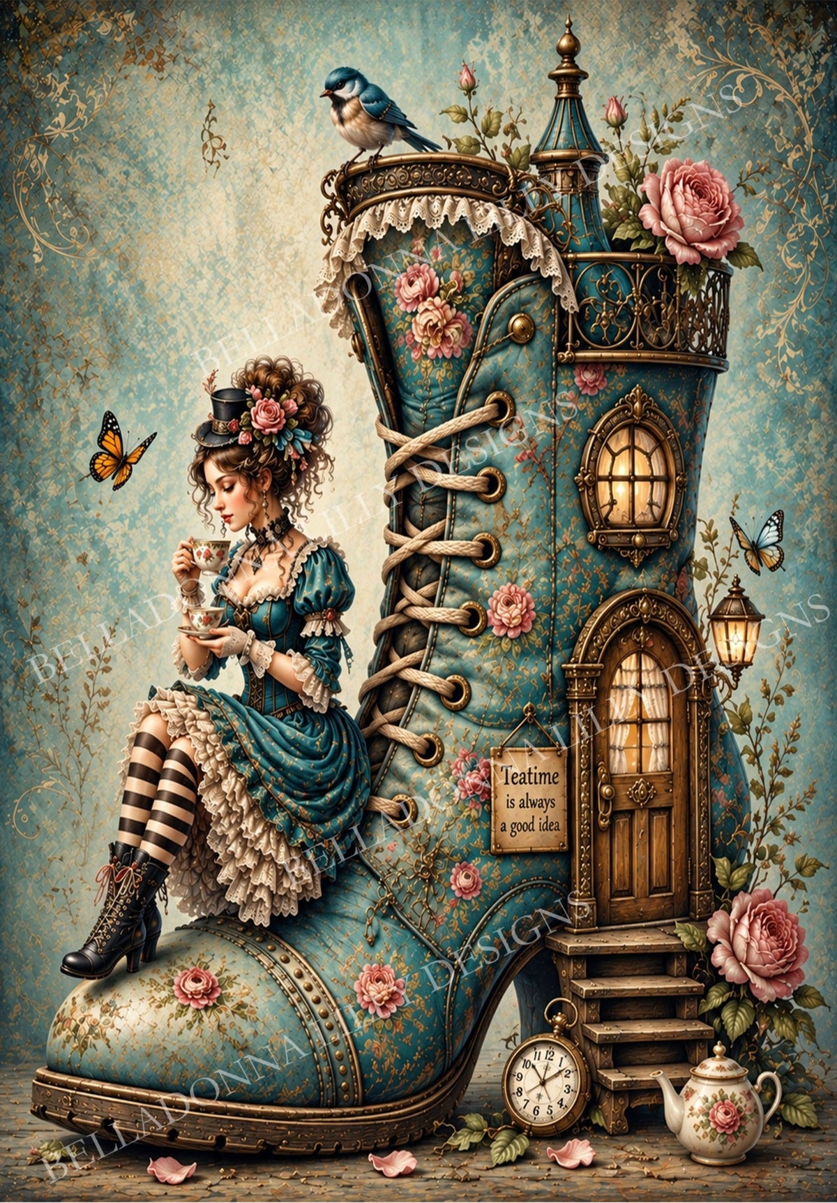 The Teatime Cottage — teal, pink rose and antique gold whimsical artwork by Belladonna Lilly Designs