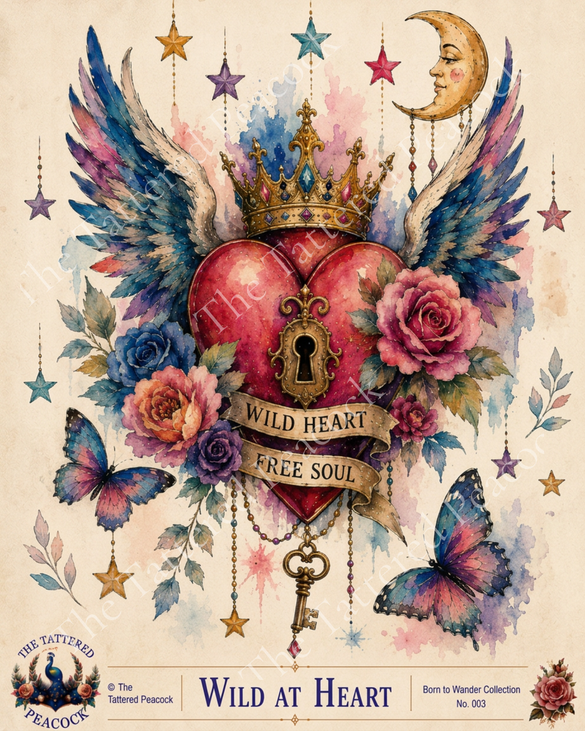 Wild at Heart 8×10 cotton fabric Collector Panel featuring a crowned winged heart, colorful roses, butterflies, stars and an antique key.