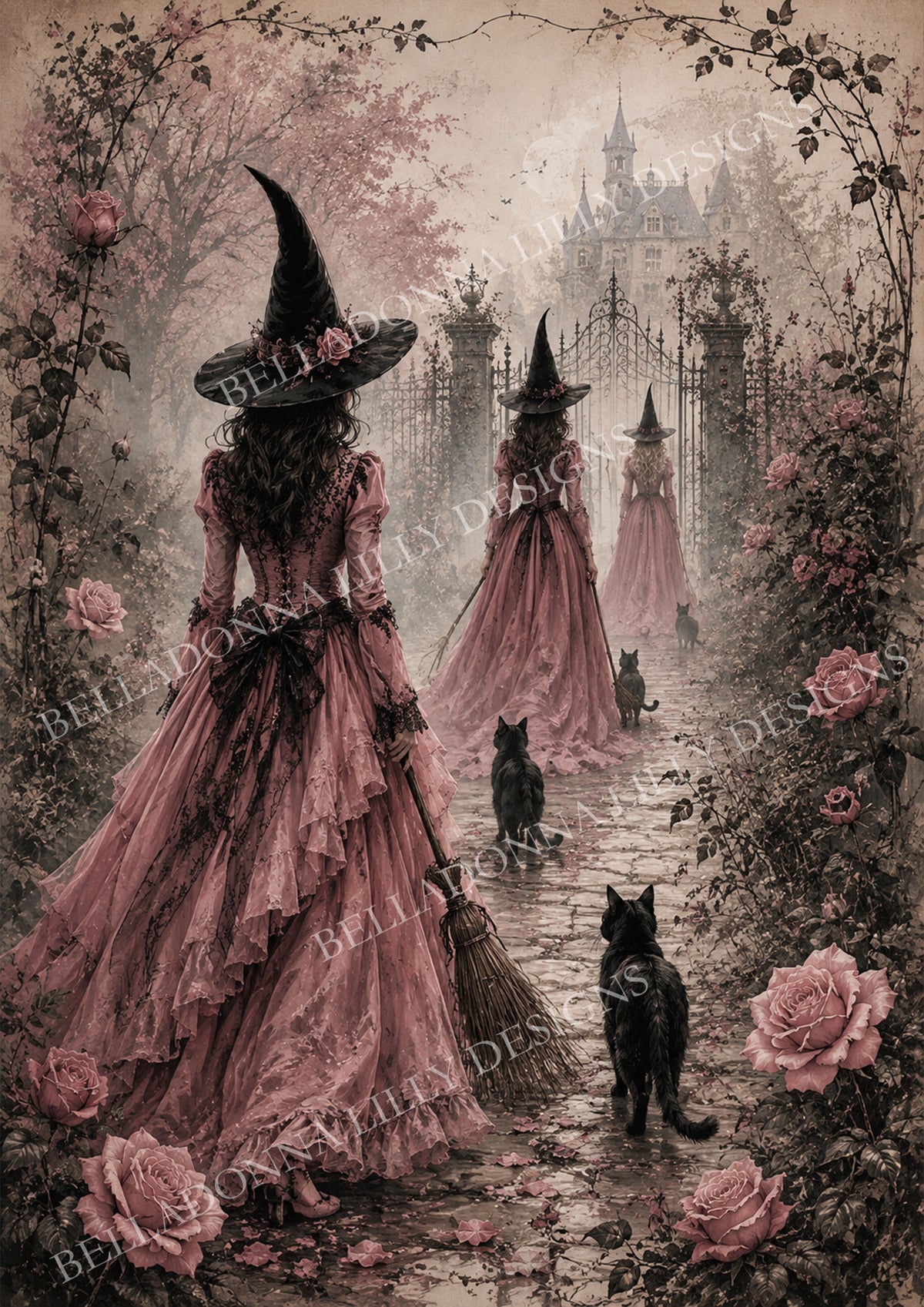Witch’s Walk pink witches fantasy decoupage rice paper by Belladonna Lilly Designs