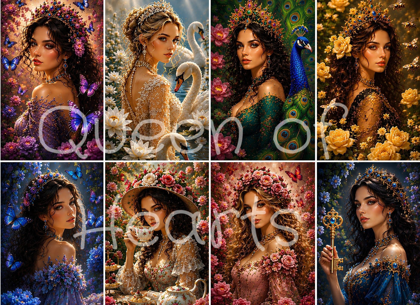 Eight fantasy garden portraits featuring floral queens, butterflies, swans, bees, peacocks, roses, and whimsical garden-inspired women in richly detailed storybook artwork.