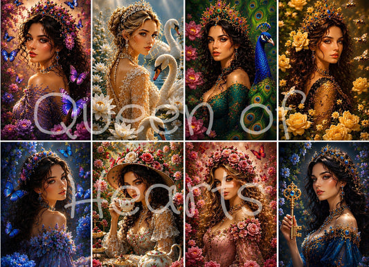 Eight fantasy garden portraits featuring floral queens, butterflies, swans, bees, peacocks, roses, and whimsical garden-inspired women in richly detailed storybook artwork.