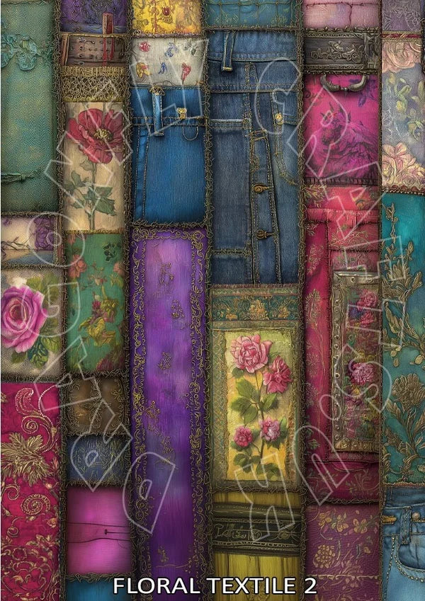 Decorative patchwork design with denim, roses, floral fabrics, and ornate textile patterns in vibrant vintage colors.