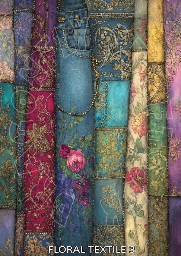 Vintage floral textile patchwork design featuring denim, embroidered fabrics, and roses in ornate decorative style, ideal for decoupage, junk journals, mixed media, and craft projects.