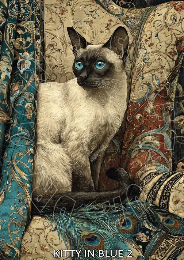 Vintage style Siamese cat artwork with blue eyes, ornate floral patterns and peacock feathers, decorative decoupage paper design.