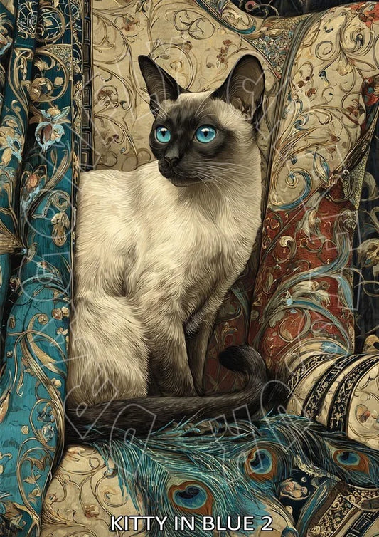 Vintage style Siamese cat artwork with blue eyes, ornate floral patterns and peacock feathers, decorative decoupage paper design.