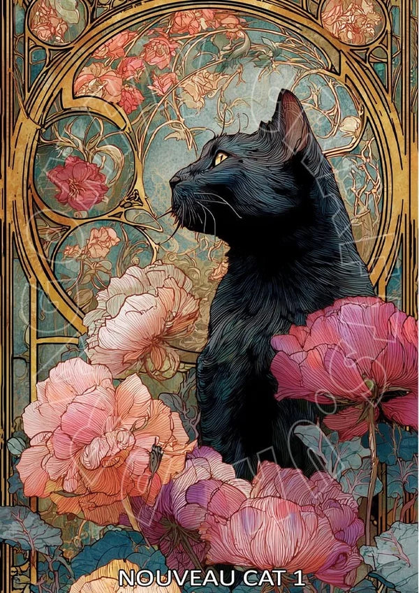 Art Nouveau-style illustration of a black cat among flowers with decorative border