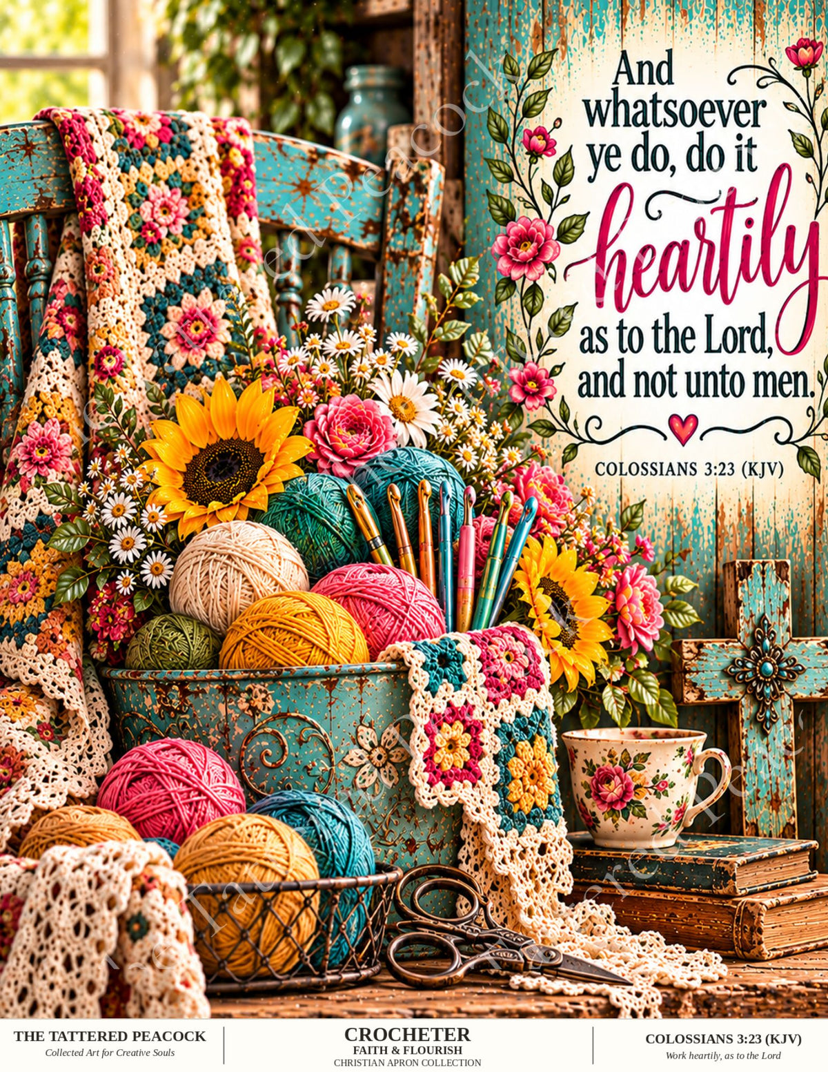 Faith & Flourish Crocheter Christian fabric panel with colorful yarn, crochet hooks, granny-square blanket, flowers and Colossians 3:23.