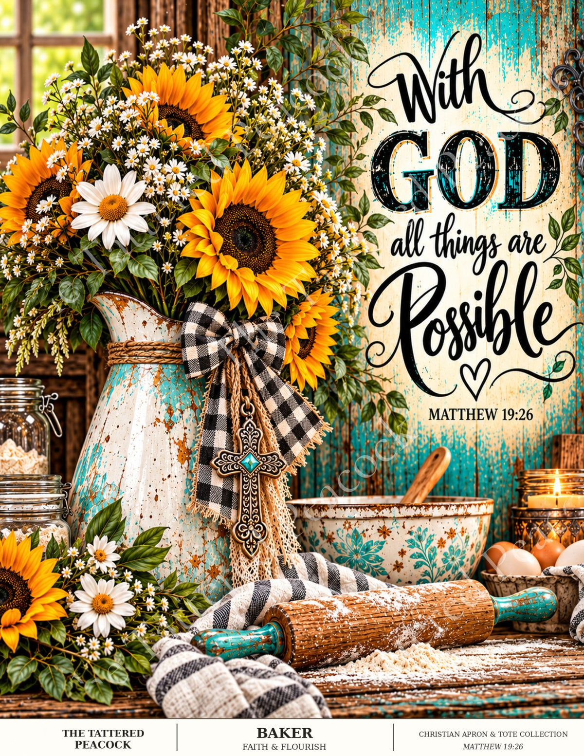 Faith & Flourish Baker Christian cotton fabric panel with sunflowers, baking tools, turquoise farmhouse decor and Matthew 19:26 for aprons and tote bags.