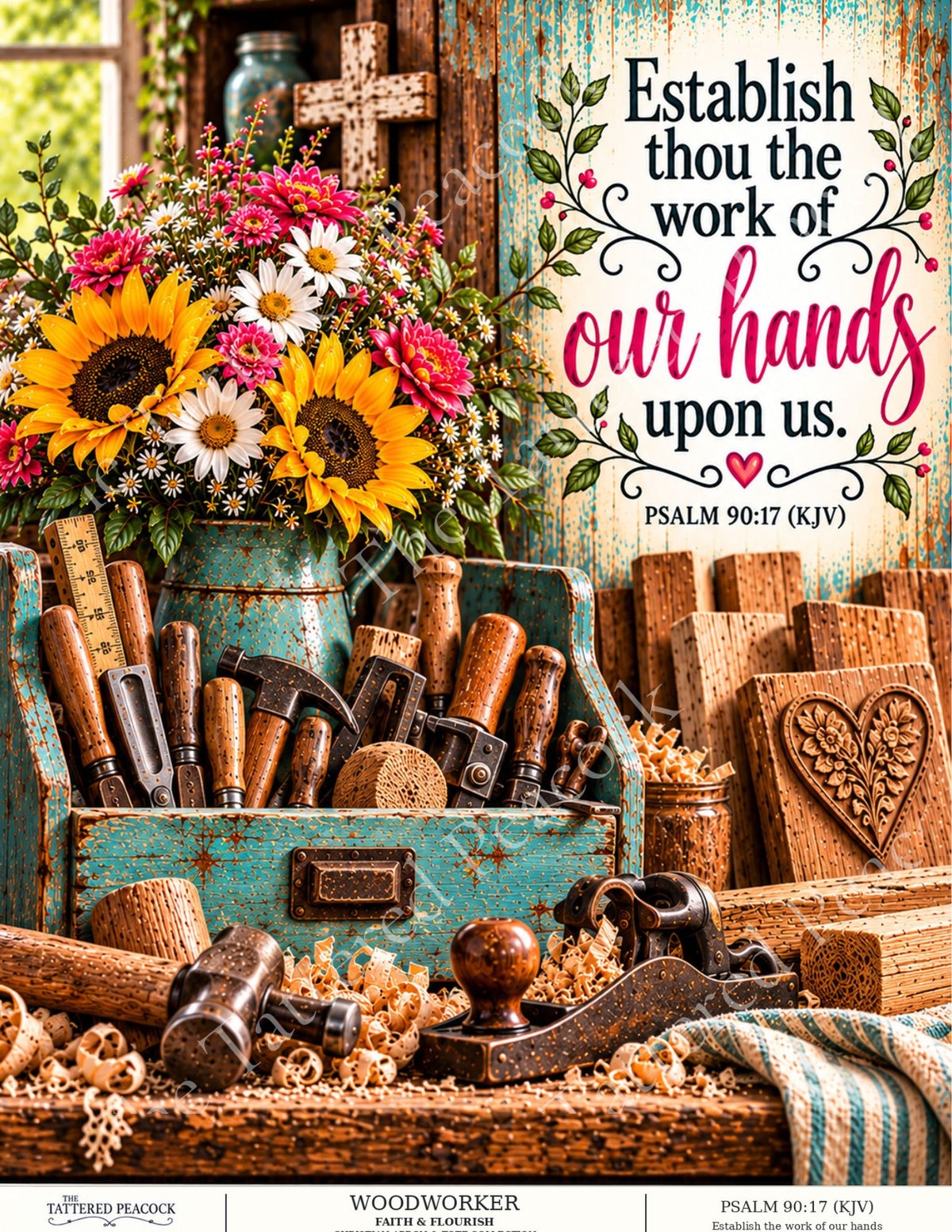 Faith & Flourish Woodworker cotton panel featuring vintage woodworking tools, rustic turquoise toolbox, sunflowers and Psalm 90:17.