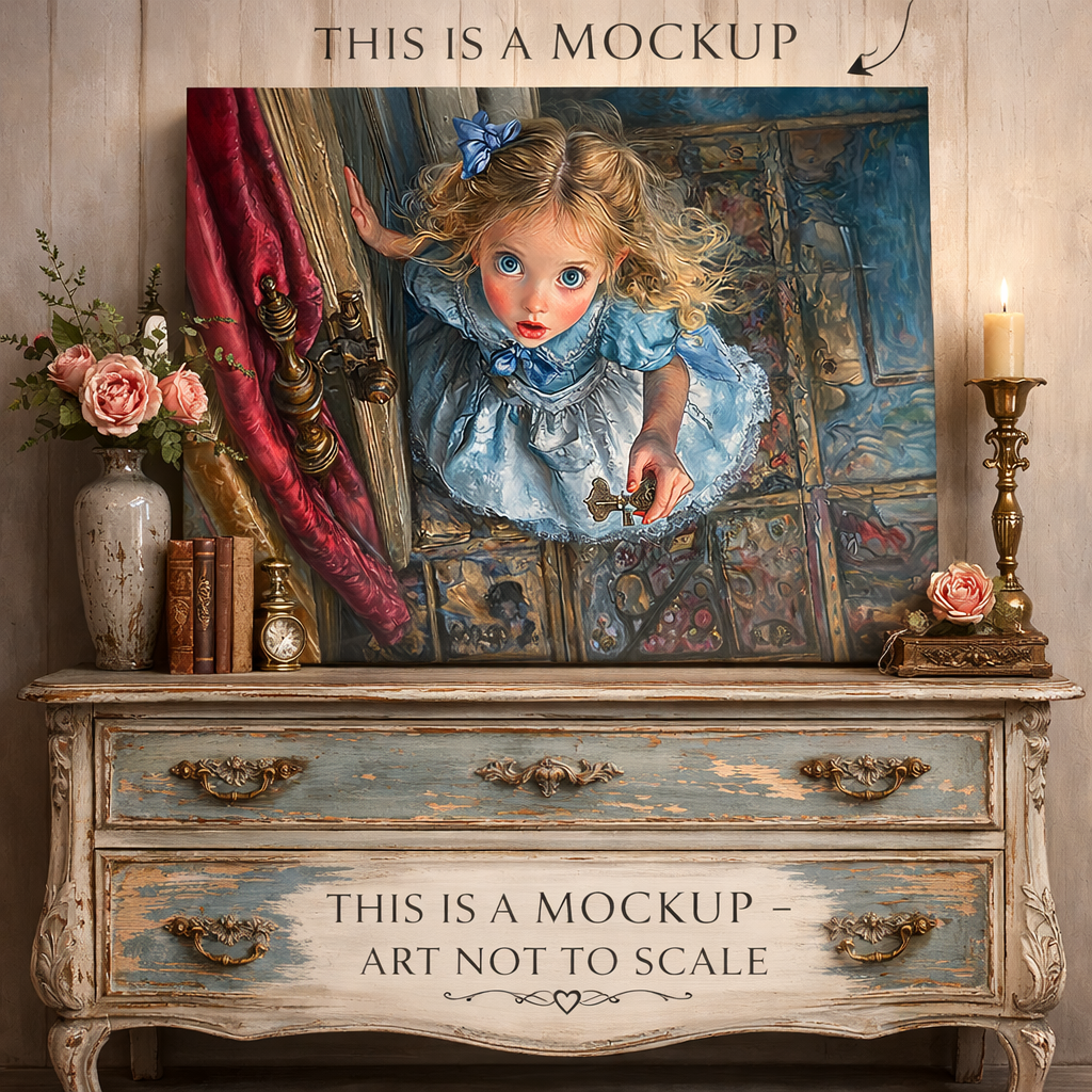 Vintage dresser with a painting of a girl and decorative items on a neutral background