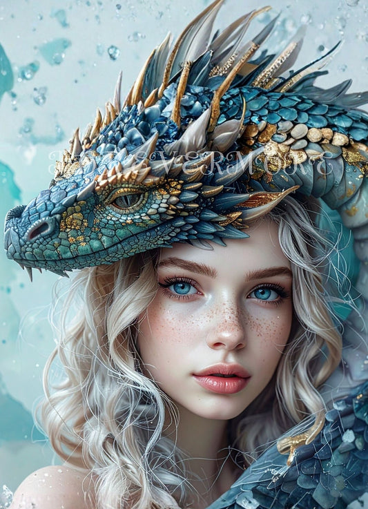 A young woman with soft blonde hair and blue eyes is closely intertwined with a teal dragon, both sharing a calm, mystical gaze in a dreamy watercolor setting.