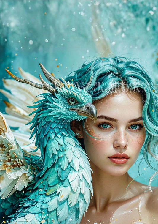 Girl and phoenix fantasy art, teal ethereal portrait, watercolor mythical bird with gold accents, dreamy magical decor paper.
