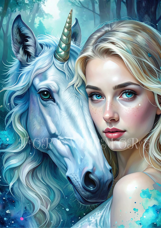 A young woman with blonde hair and blue eyes stands beside a white unicorn with a golden horn, both framed by a dreamy teal forest background.