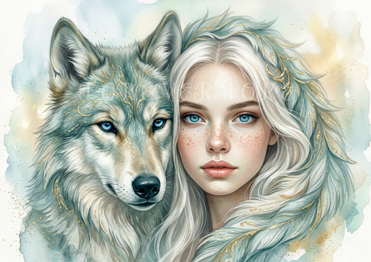A young woman with soft features and light hair is paired closely with a wolf, both rendered in teal tones with subtle gold accents in a dreamy watercolor portrait.