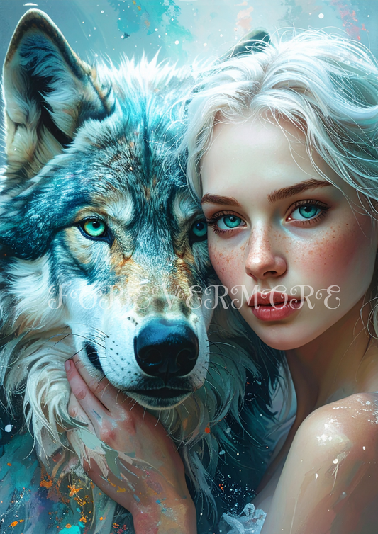 A young woman with pale skin and freckles stands beside a soft teal-toned wolf, their faces close together in a gentle, mystical watercolor scene.