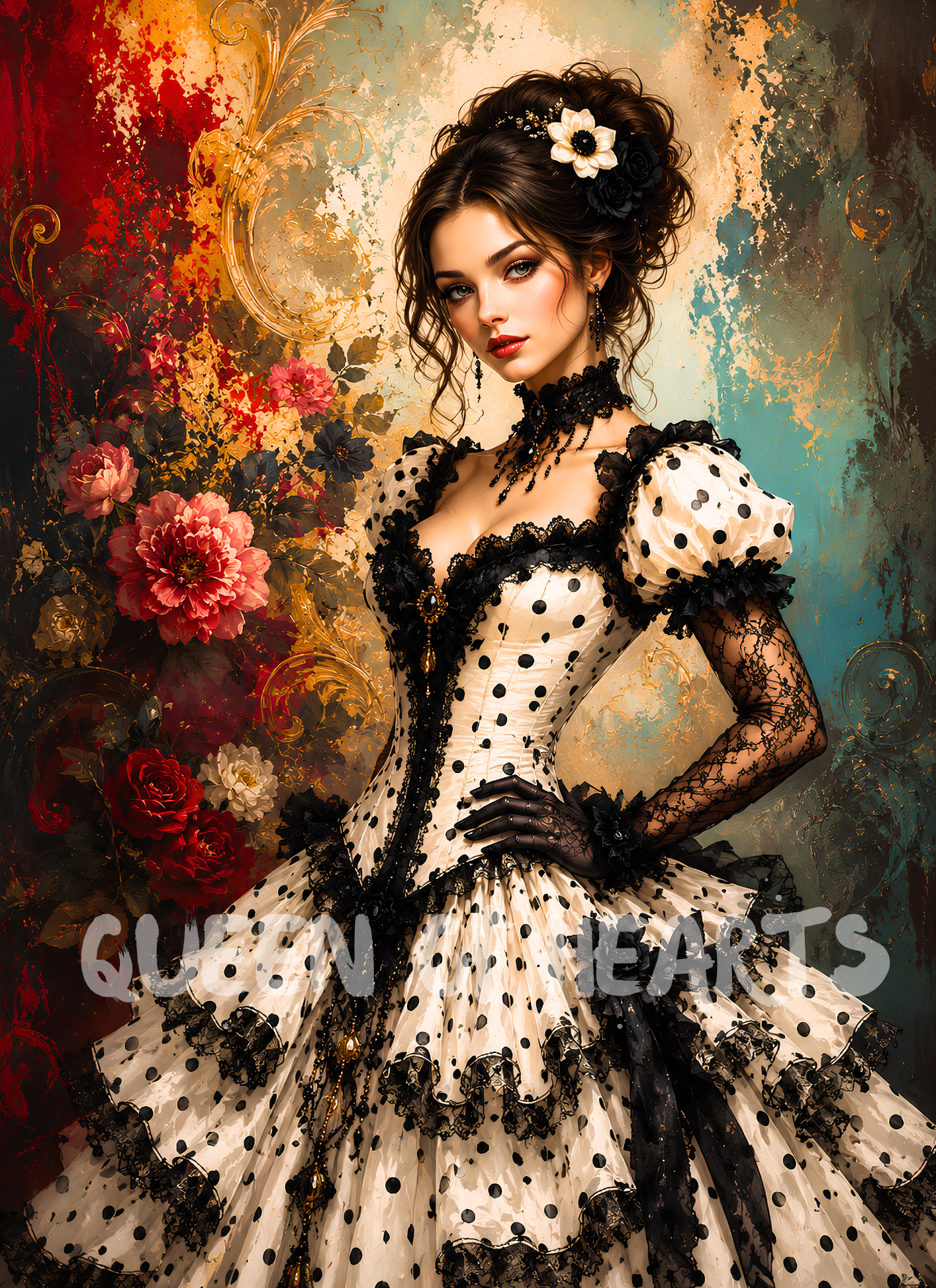 Adeline Whimsy portrait featuring an elegant young woman in an ivory polka-dot Victorian-inspired dress with black lace trim, surrounded by red roses, vintage florals, gold scrollwork, and painterly textures in cream, teal, and crimson tones.