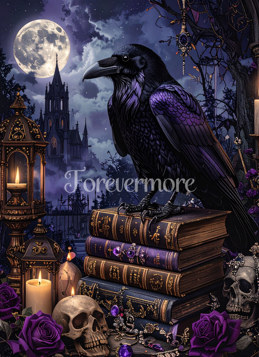 Majestic purple-black raven perched on antique books beneath a full moon with candles, violet roses, gothic cathedral towers, skulls, and mystical dark academia details.