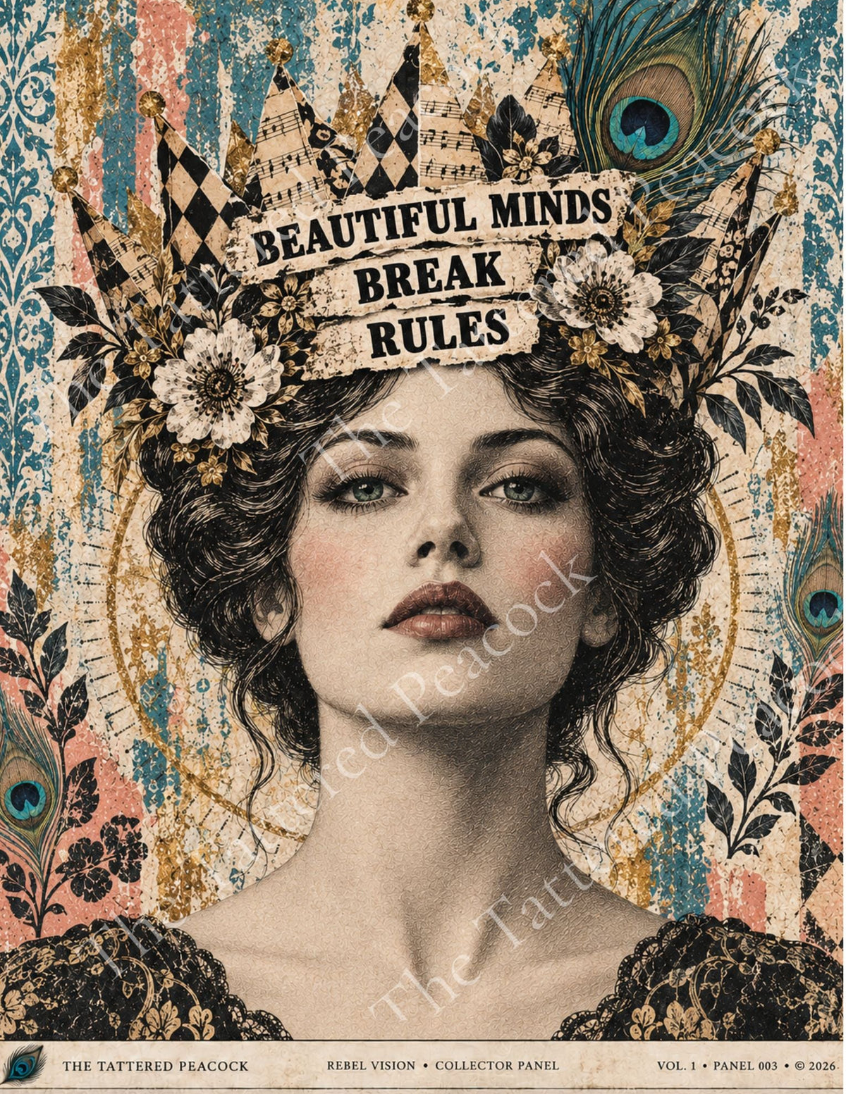 Beautiful Minds Break Rules 8×10 cotton Collector Panel featuring a vintage woman crowned with harlequin patterns, flowers and musical notes.